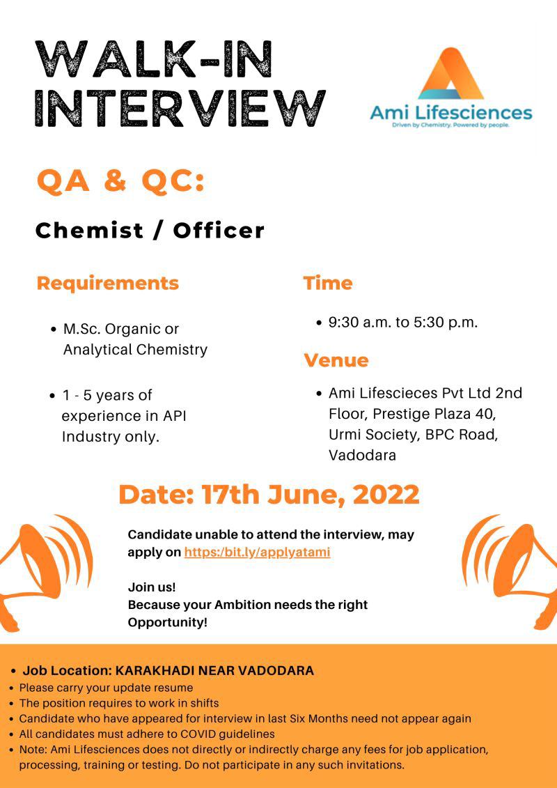 Job Available's for Ami Lifesciences Walk-In Interview for MSc Organic Chemistry/ Analytical Chemistry