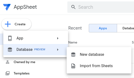 A cropped screen shot illustrating creating a database in AppSheet by importing data from sheets