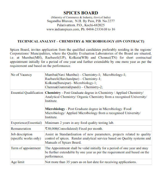 Recruitment of  various post in SPICES BOARD (Ministry of Commerce & Industry, Govt.of India)