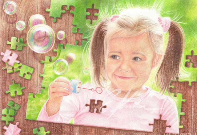 Colored pencil portrait of a girl blowing bubbles