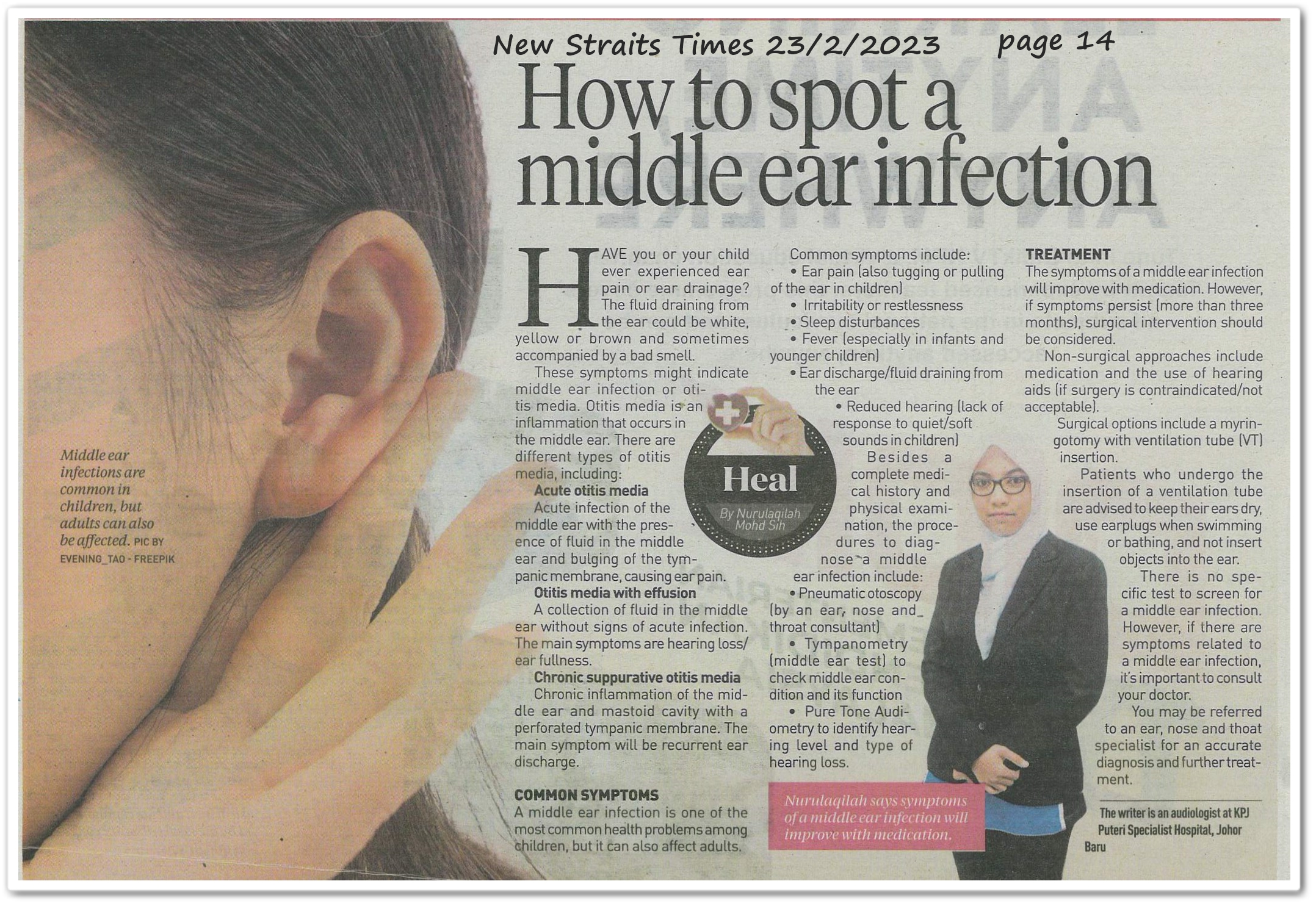 How to spot a middle ear infection - Keratan akhbar New Straits Times 23 February 2023