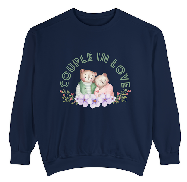 Garment-Dyed Valentine Sweatshirt for Men and Women With Pink Illustration Couple In Love