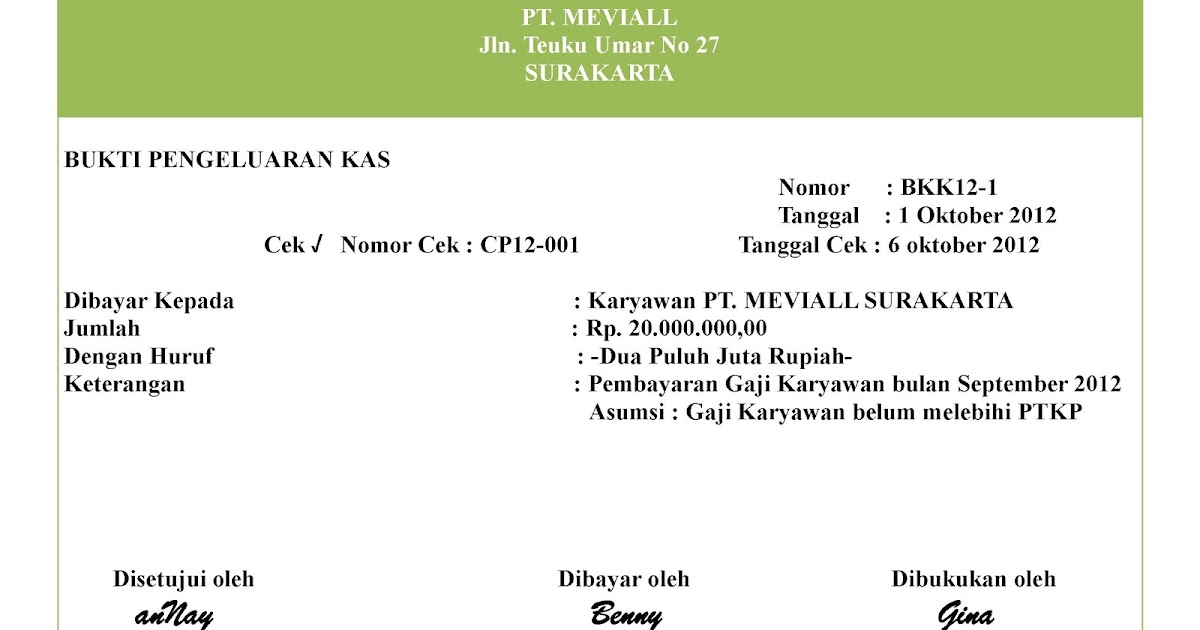 Akuntansi puna 'na MEVI: Contoh Soal Bukti Pengeluaran Kas