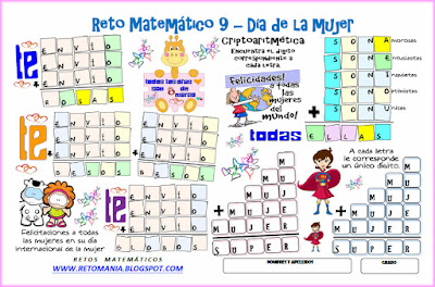 Mujer, Día de la Mujer, Alfaméticas, Criptoaritméticas, Criptosumas, Juego de Letras, Desafíos Matemáticos, Problemas Matemáticos