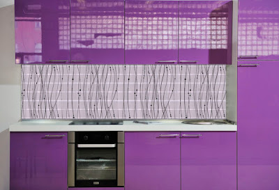 purple modern kitchen with beautiful glass tiles backsplash