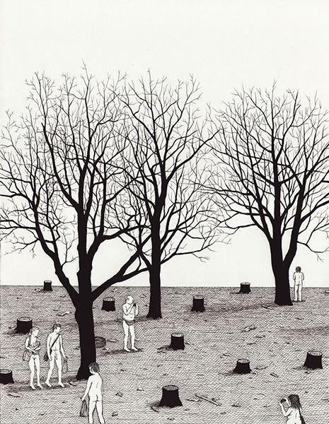 "Nature Walk" por Ben Tolman, 2014. | imagenes de arte cool, dibujos chidos imaginativos en blanco y negro, ilustraciones tristes de soledad