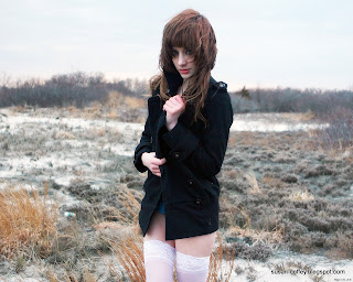 Susan Coffey in Winter outside in Black Dress Jeansless in Panty