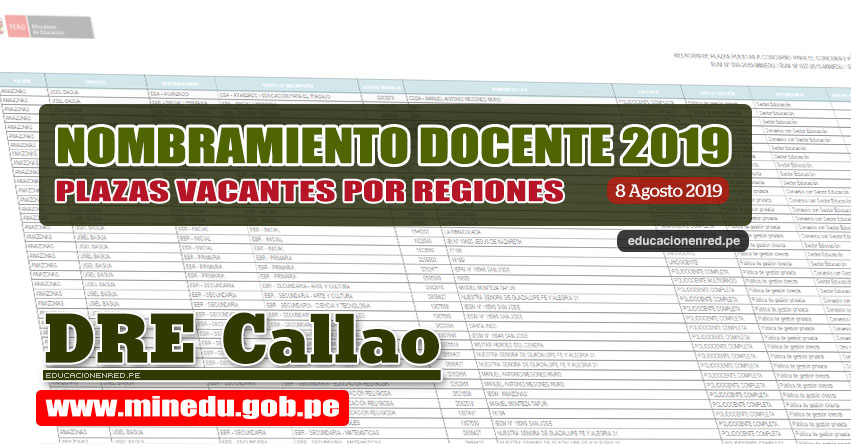 DRE Callao: Relación Final de Plazas Vacantes para Nombramiento Docente 2019 (.PDF ACTUALIZADO 8 AGOSTO) www.drec.gob.pe