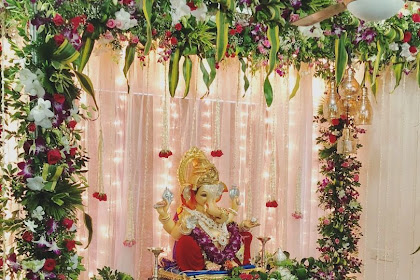 Background Artificial Flower Decoration For Ganpati At Home