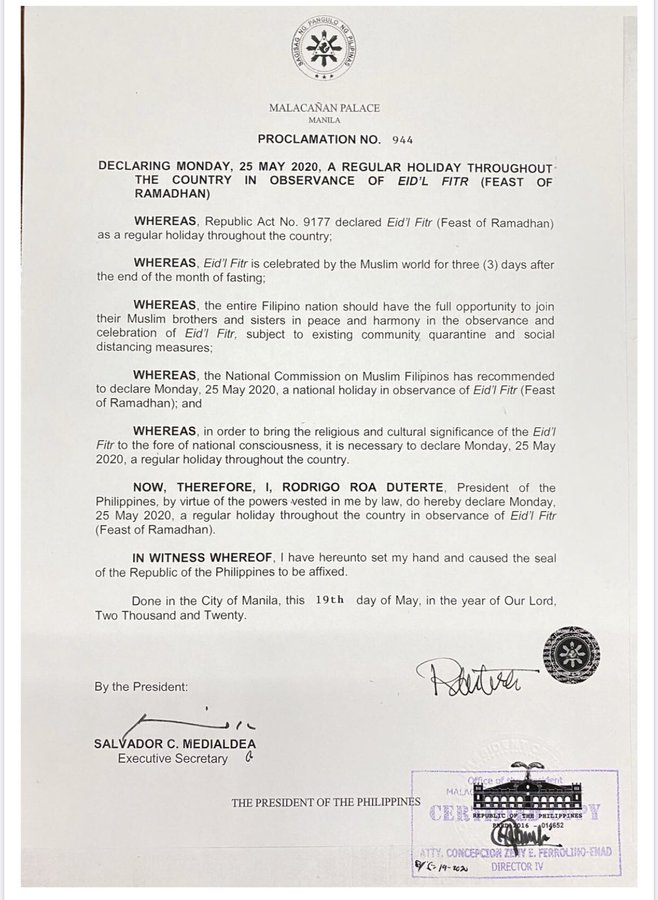 Duterte Declares May 25 Regular Holiday For Eid L Fitr The Summit Express