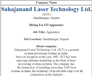 ITI Apprentice Recruitment in Sahajanand Laser Technology Ltd(SLTL) Gandhinagar, Gujarat | Submit their Resume Now