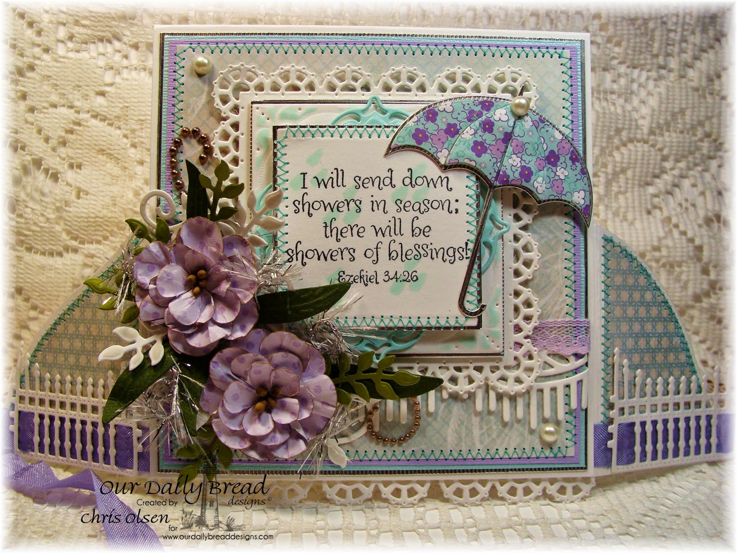Our Daily Bread Designs, Umbrella die, Showers of blessing, Layered Lacey Squares die, Fancy Foliage, Beautiful Borders, Aster die, Shabby Rose Collection, gilded gate die, designer-Chris Olsen, Twinkles Glow with Stamps