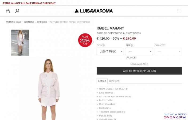  DRESSES - ISABEL MARANT -  LUISAVIAROMA.COM - WOMEN'S CLOTHING - SALE - LUISAVIAROMA.COM                                                                                                                                                                                        EN/                                                                                                                                                                                                                             Call us 24/7    +39 055 28 36 21                                                              MEN                                                                WOMEN                                                                   KIDS          BOYS                                                             GIRLS                                                                HOME                                              SHOP BY MATERIALS             DESIGNERS                                                    SALE                                                                                                           MEN       SALE       SHOP BY           WOMEN      SALE           BOYS      SALE           GIRLS      SALE           HOME           SALE      MEN        WOMEN        BOYS        GIRLS        HOME                                                                        WOMEN'S SALE              CLOTHING              DRESSES          RUFFLED COTTON POPLIN SHIRT DRESS                                                        ISABEL MARANT          RUFFLED COTTON POPLIN SHIRT DRESS           $ 540.00 - 50% =    $ 270.00       FREE EXPRESS SHIPPING, FREE RETURNS & IMPORT FEES INCLUDED          COLOR          SIZE           QUANTITY                                     (FRANCE)                              ADD TO MY SHOPPING BAG                DETAILS      MORE INFO?              ITEM CODE 63I-1K6018    Long sleeves Off center front button closure Button cuffs Drop shoulders Back darts Two front patch pockets Partial lining Sample size: 38        Composition: 100%CO                  Submit your question to our product advisor:       First name              Last name              Email*               Item Code:             Inquiry*               * Mandatory fields                       PLEASE WAIT WHILE WE PROCESS YOUR REQUEST ...     We remind you that your email address will be used solely to respond to this inquiry.                       facebook             twitter               pinterest            google plus             weibo                polivore                                                                     Back to Top                               Sign up for news & updates                            Call us 24/7  +39 055 28 36 21       Call us 24/7  +39 055 28 36 21       Customer Service      Help          Follow Us       facebook       twitter       youtube       weibo       instagram       pinterest       gplus       vkontakte       odnoklassniki               LuisaViaRoma      Contact us     About Us     Store Locations & Hours     Job listings     Privacy policy     Cookie policy      SHOPPING ONLINE      Prices & Currency     Order payment     Shipment information     Return policy     Terms & Conditions      EXTRA     Affiliate program    Gift card      LVR Diary        Press Area        Free shipping       FREE SHIPPING AND IMPORT FEES INCLUDED TO: AUSTRALIA, BAHRAIN, CANADA, CHINA, EUROPEAN UNION, HONG KONG, INDIA, JAPAN, KUWAIT, MACAU, MALAYSIA, NEW ZEALAND, NORWAY, OMAN, PHILIPPINES, QATAR, SAUDI ARABIA, SINGAPORE, SOUTH KOREA, SWITZERLAND, TAIWAN, THAILAND, TURKEY, UNITED ARAB EMIRATES, U.S.A.                   WWW6                                                                                                                                   E-mail                Password                 Forgot password                                                                                                                                                                                                                                                                                                                                                  