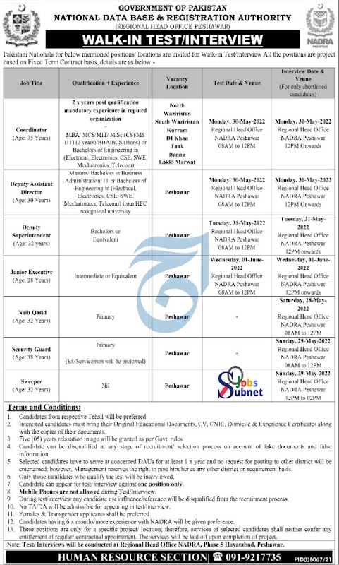 Govt Jobs 2022 in NADRA Peshawar KPK