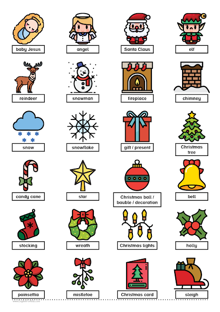 Christmas vocabulary chart with pictures. 24 words.