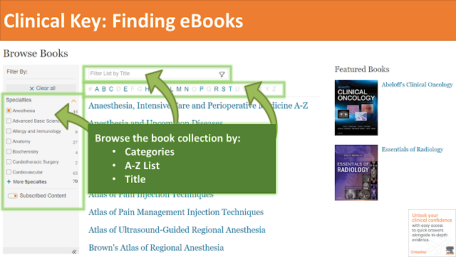 screen-shot of the clinical key ebooks page, showing the various options to browse the book collection