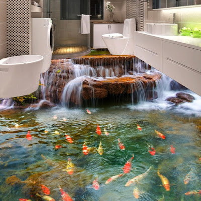 3d bathroom floor murals ideas with koi fish and waterfall over mountain