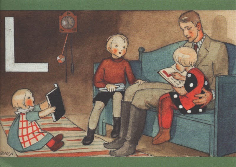 Father seated on sofa, reading with three children. L for lukea.