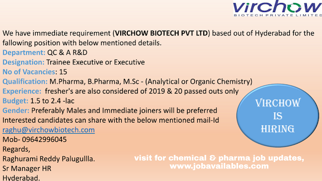 Job Availables, Virchow Biotech Pvt Ltd Job Opening For Fresher & Experienced M.Pharm/ B.Pharm/ MSc ( Analytical/ Organic) - QC/ AR&D Department