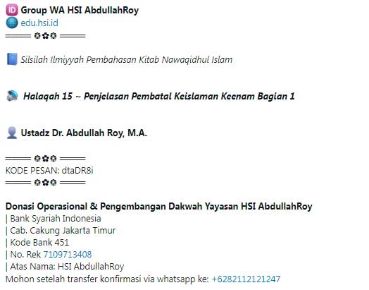 Halaqah 15 ~ Penjelasan Kitab Nawaqidhul Islam Pembatal Keislaman Keenam Bagian 1