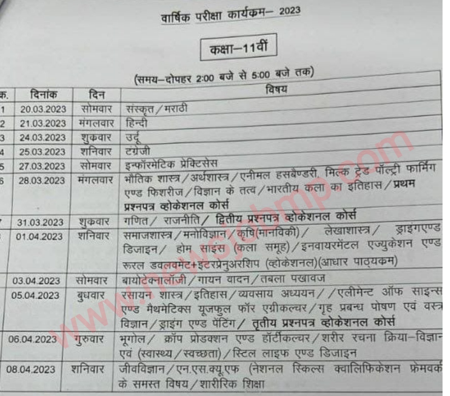 MP Board Class 9th Time Table 2023| MP Board Class 11th Time Table 2023|मध्यप्रदेश कक्षा 9वीं टाइम टेबल 2023| मध्यप्रदेश कक्षा 11वीं टाइम टेबल 2023|