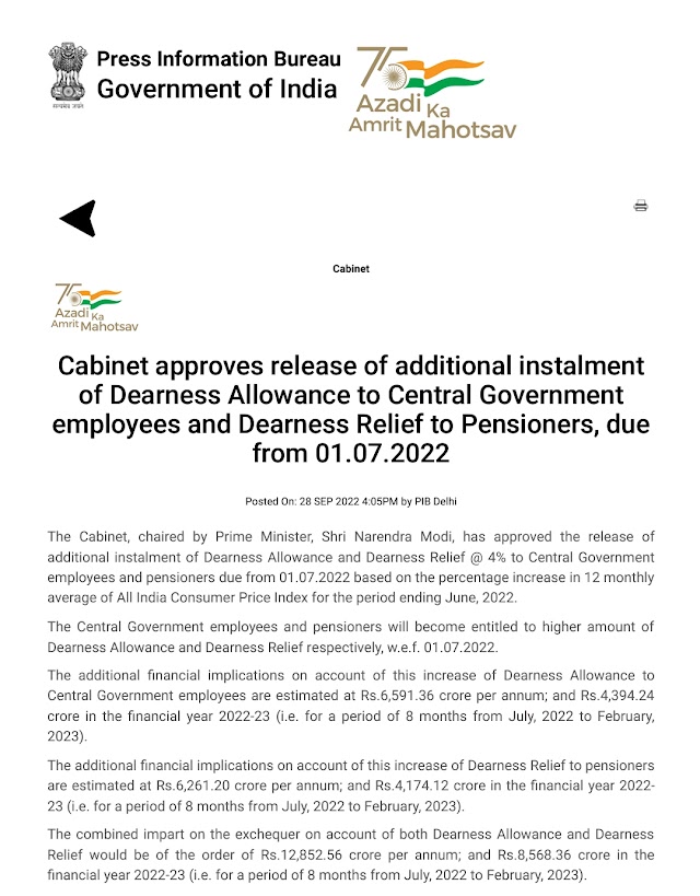 Cabinet approves Dearness Allowance and Dearness Relief @ 4% to Central Government employees and pensioners due from 01.07.2022 