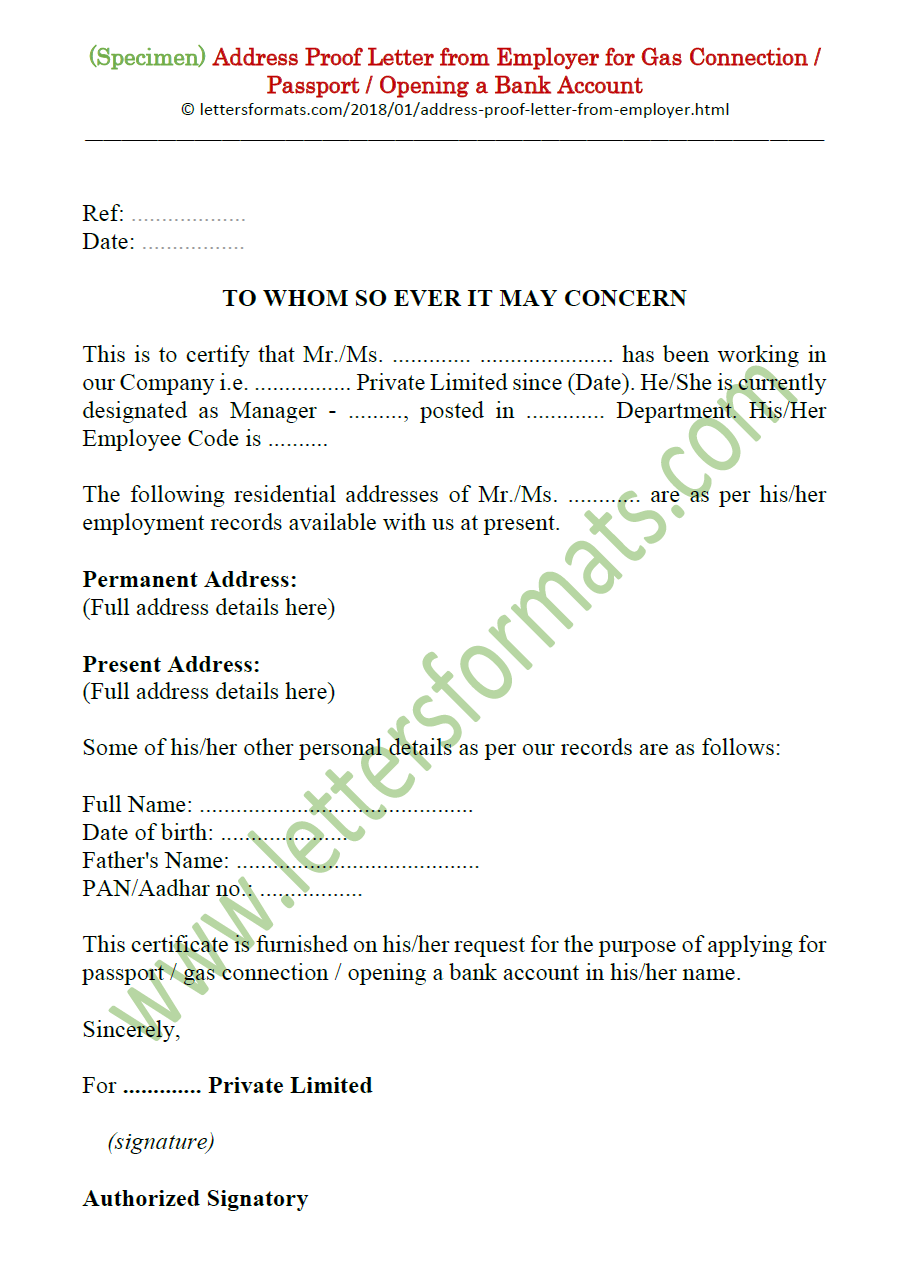 Address Proof Letter From Employer For Passport Gas Bank A C