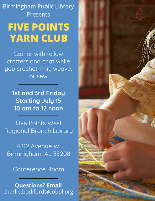 A child crochets on the flyer for Five Points Yarn Club starting July 15