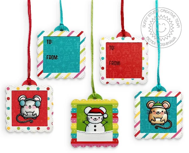 Sunny Studio Stamps Mini Mouse Gift Tags by Mendi Yoshikawa (using Merry Mice Stamps, Scalloped Square Tag dies and Very Merry 6x6 Paper)