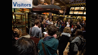 Group of adults gathered around a curator talking in the middle of the Museum