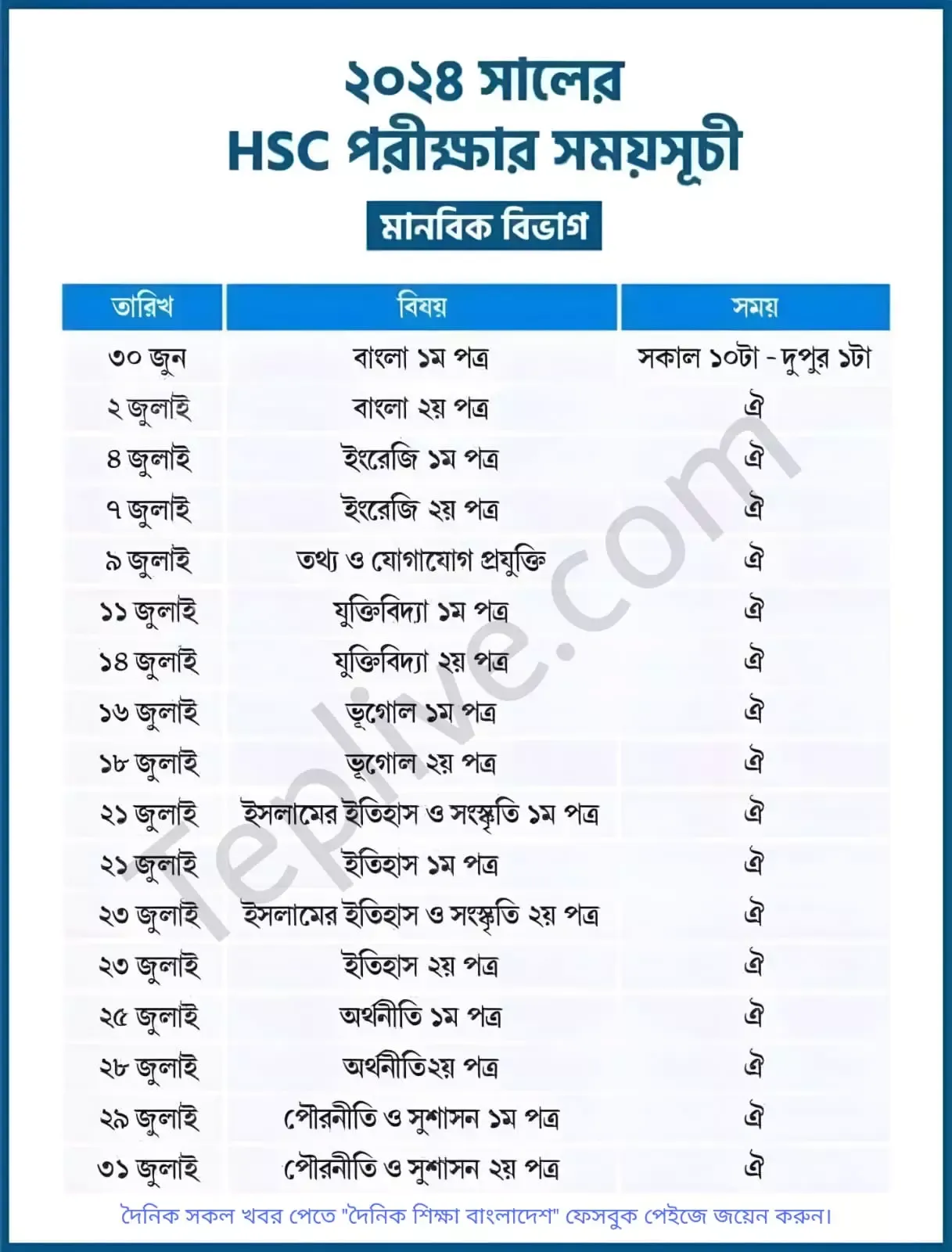 এইচএসসি পরীক্ষার রুটিন ২০২৪ মানবিক বিভাগ