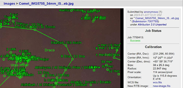 Astrometry.net shows previous image center close to Comet ZTF (Source: Palmia Observatory)