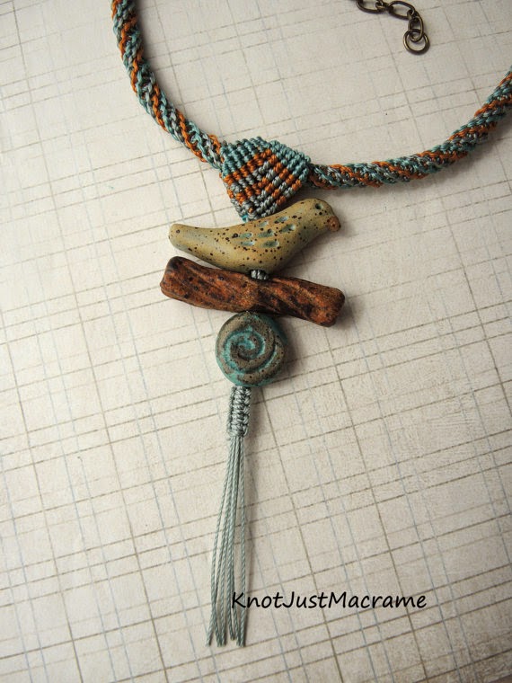 Knotted micro macrame rope and bail necklace with ceramic artisan beads.