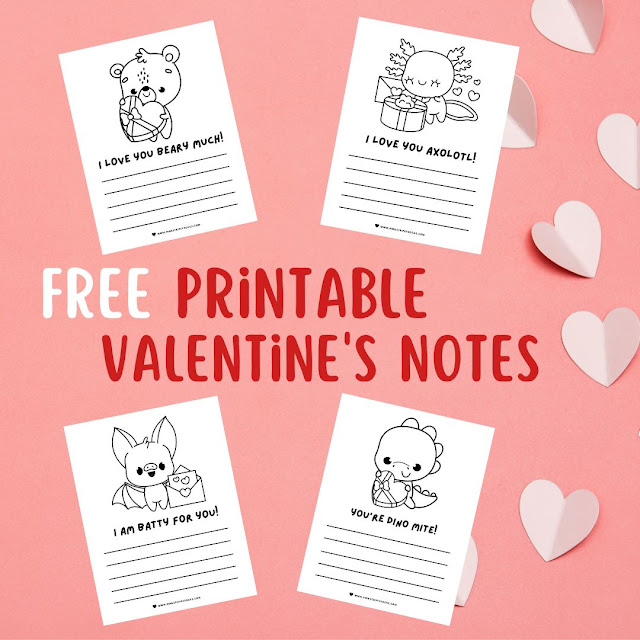 free funny pun printable bat, dinosaur, bear, axolotl animal coloring sheet Valentine's Day Lined Notes for elementary school Kids to give to parents teachers grandparents friends classroom activity