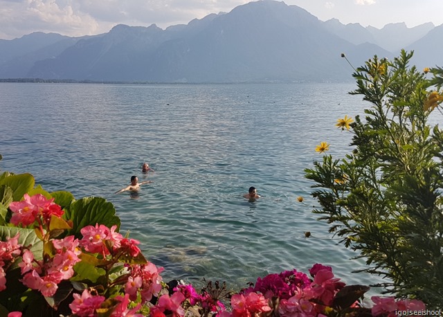 Taking a swim in Lake Geneva near to our apartment in Montreux