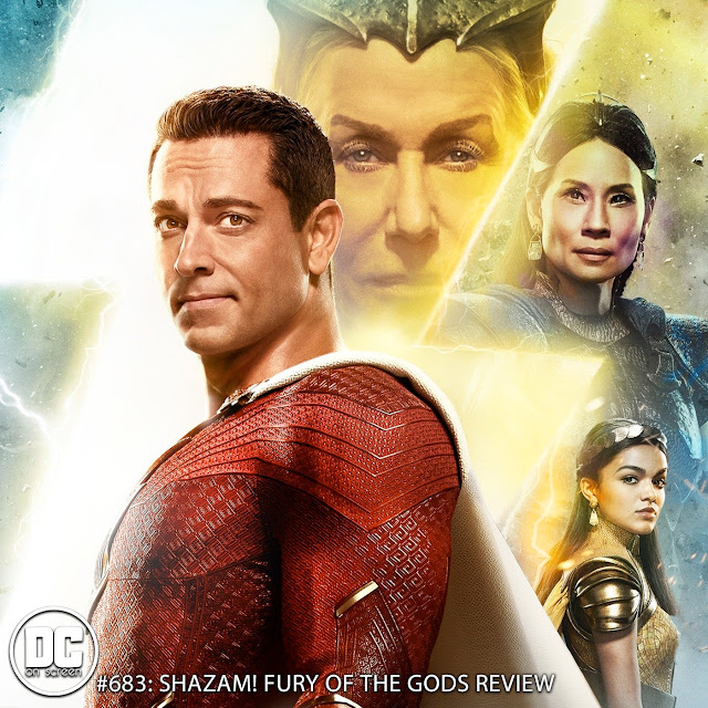 Shazam Fury of the Gods poster featuring Zachary Levi, Helen Mirren, Lucy Liu and Rachel Zegler