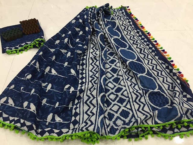 Exclusive pompom cotton saree with blouse |online buy saree 