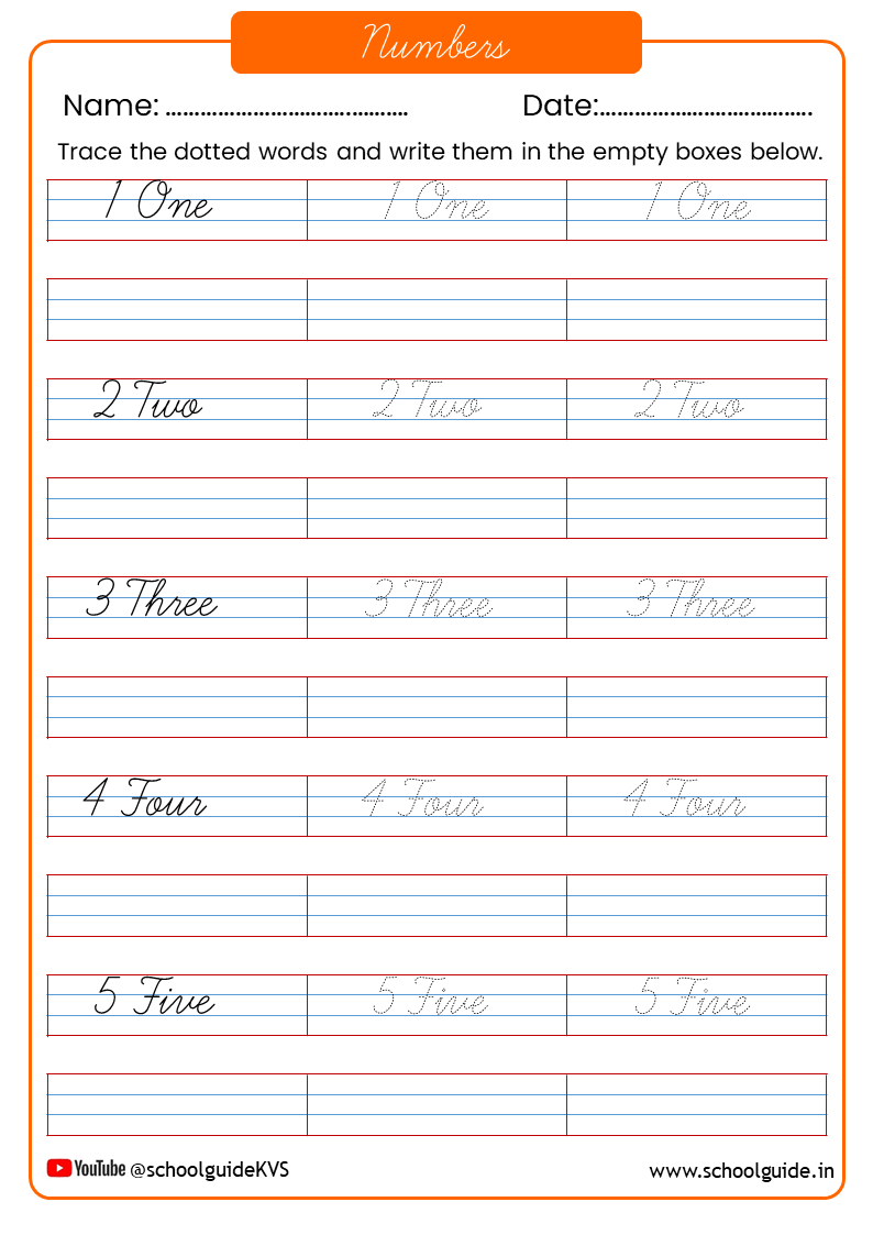 Cursive Writing Number Names 1 to 100 Worksheets