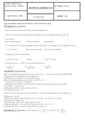 devoir de contrôle 2 mathématiques bac Math