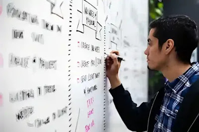 A man with sigma male traits writing on a whiteboard.