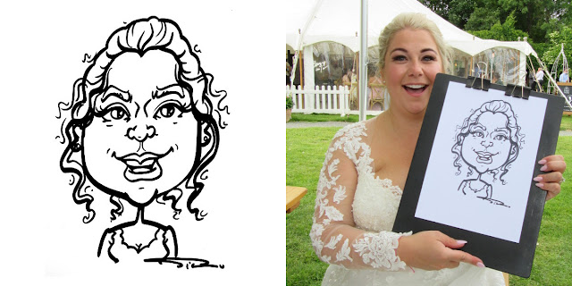 Photo of a caricature and photo of a bride smiling with her caricature