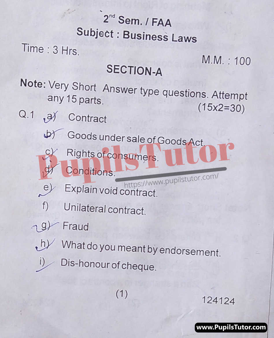 HSBTE (Haryana State Board of Technical Education, Panchkula Haryana) FAA Semester Exam Second Semester Previous Year Business Law Question Paper For 2022 Exam (Question Paper Page 1) - pupilstutor.com