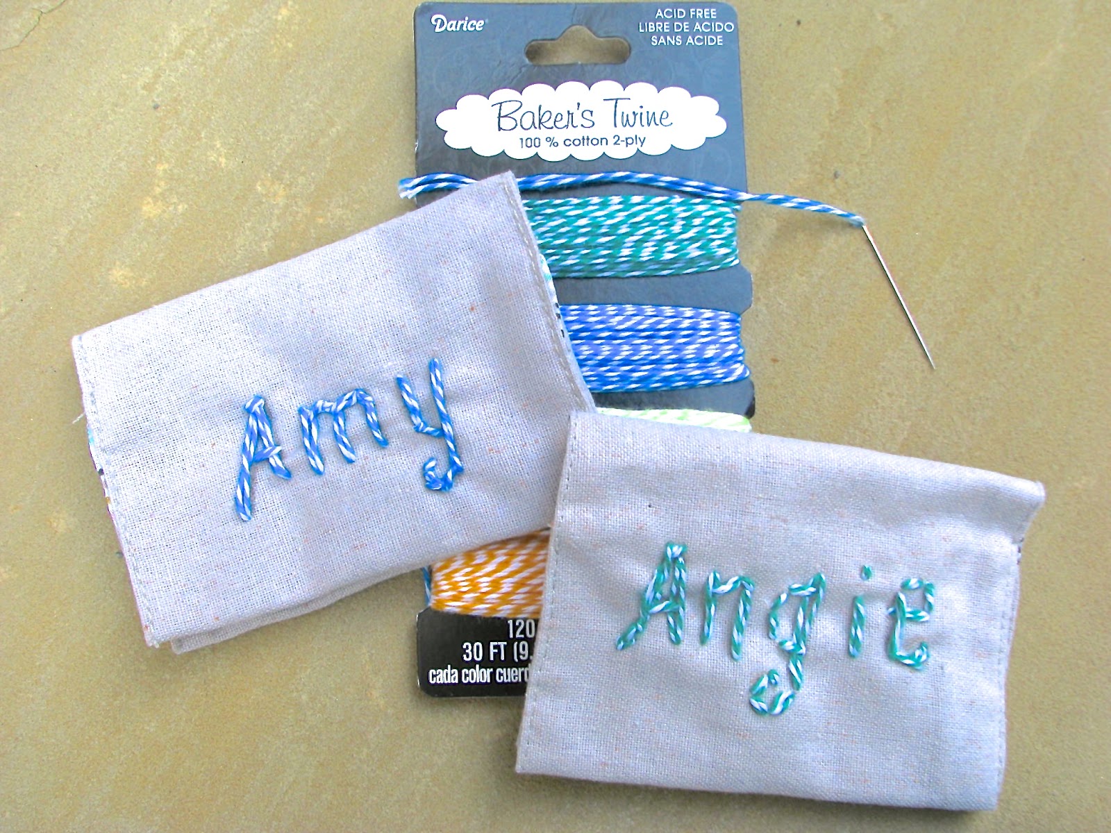 Card holder embroidered with baker's twine