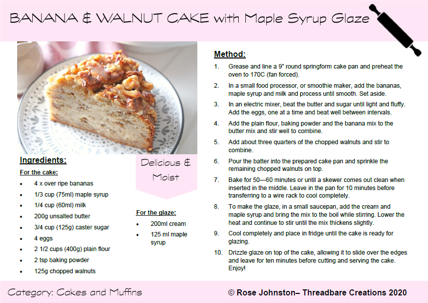 Banana and Walnut Cake with Maple Syrup Glaze - Threadbare Creations