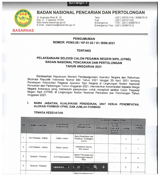 Pendaftaran CPNS Basarnas Badan Nasional Pencarian dan Pertolongan Tahun 2021