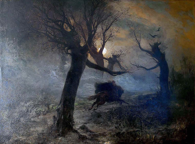 a Julius von Klever 1887 painting of man riding past demon trees at night, equestrian