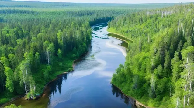 Cursos d'água na floresta Taiga.