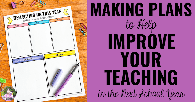 Photo of free reflection page with text, "Making Plans to Help Improve Your Teaching in the Next School Year."