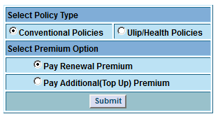 LIC policy type pay renewal premium and pay additional top up premium