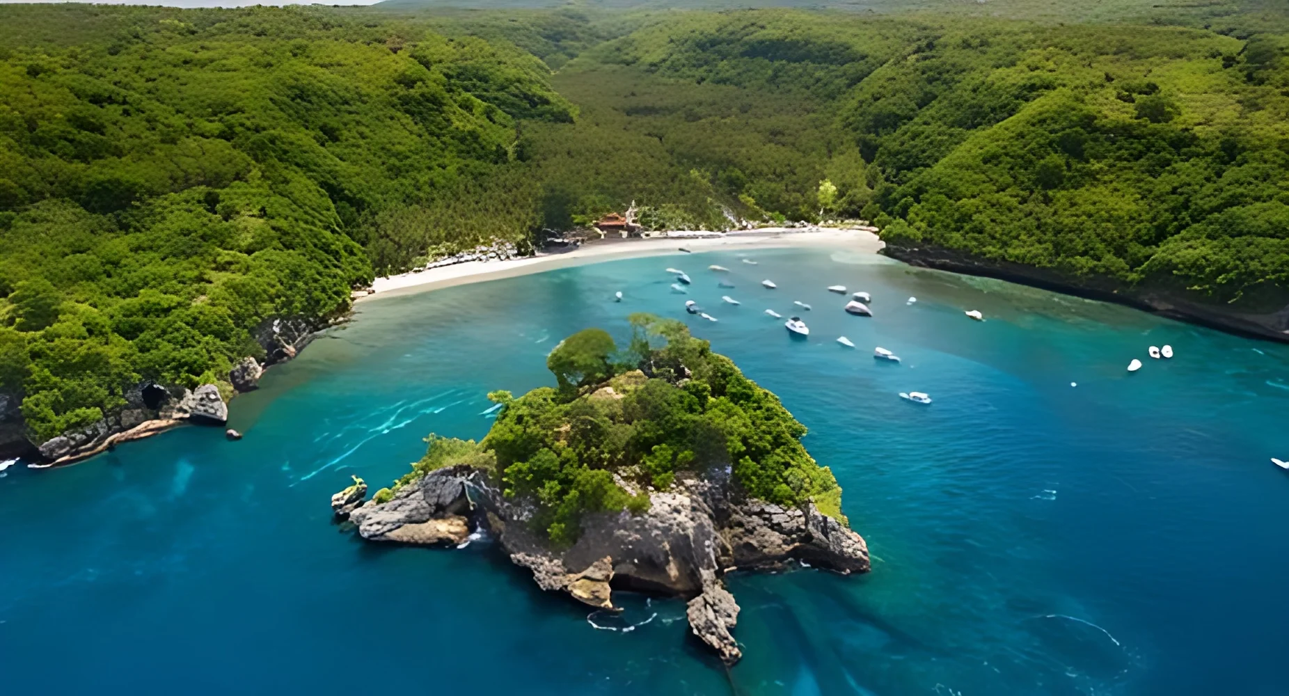 Aerial view of the coastline and beach of Crystal Bay, island of Nusa Penida, Indonesia